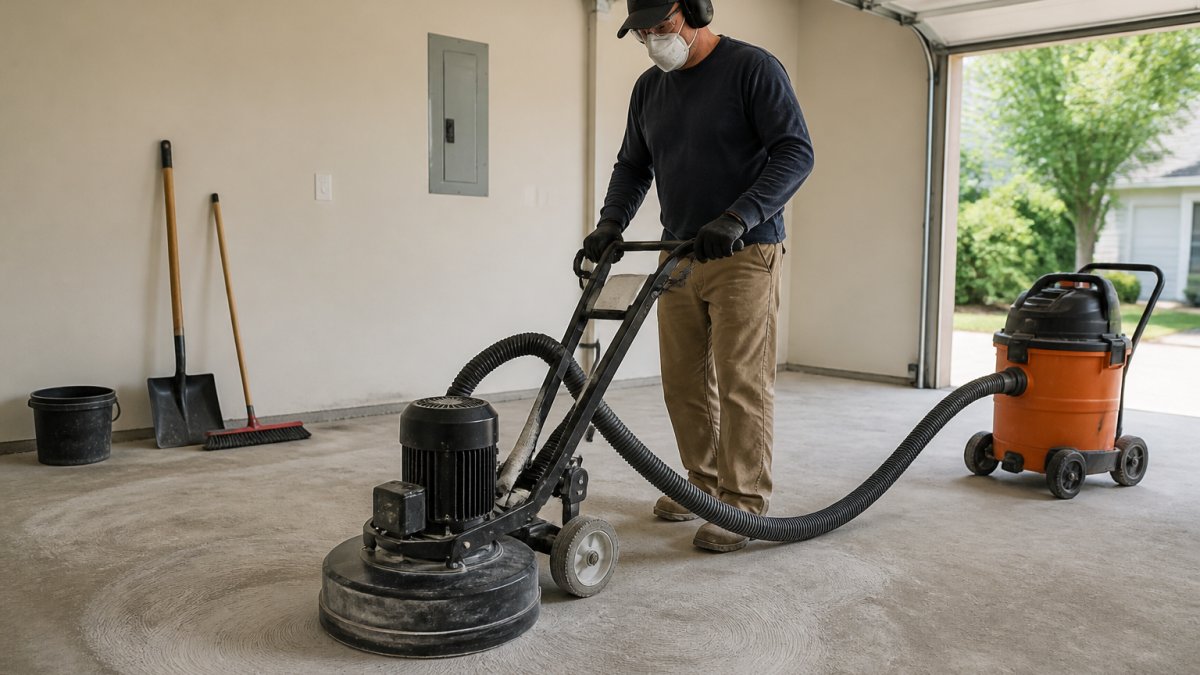 A contractor in safety gear using a walk-behind diamond grinder on a bare concrete garage floor, dust shroud attached, with a shop vacuum nearby