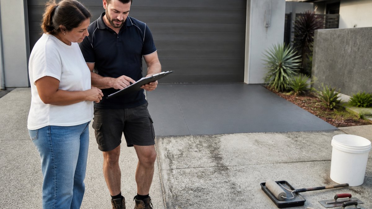 A homeowner and a concrete resurfacing contractor standing on a driveway, reviewing a written quote on a clipboard, with a partly resurfaced concrete surface visible behind them