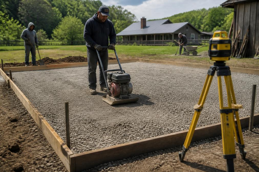 Crew using a plate compactor on gravel for a carport slab to minimize the total cost of concrete slab for carport.