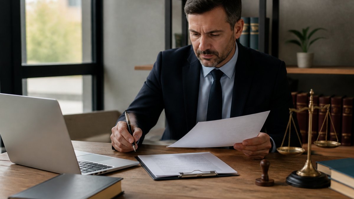 Professional sitting at a wooden desk with legal documents, a pen, and a laptop, carefully reviewing estate planning paperwork with focused concentration in natural office lighting
