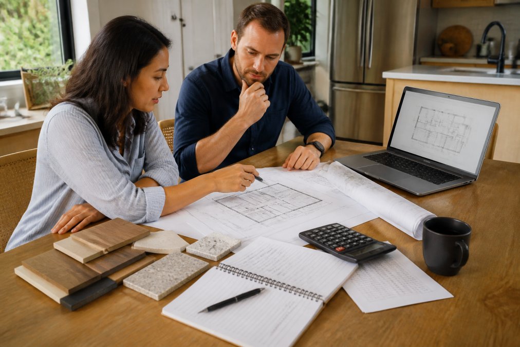 Architect and homeowner reviewing cost factors for custom ADU designs via blueprints and material samples