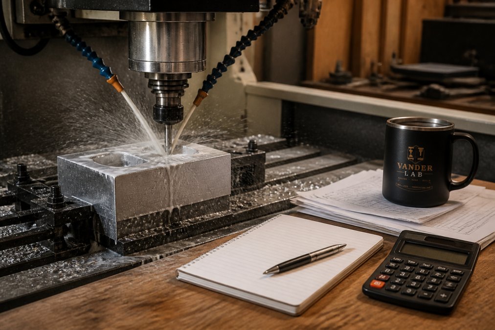 Close-up of a CNC router spindle cutting a block of aluminum with coolant spray misting in a well-lit fabrication workshop