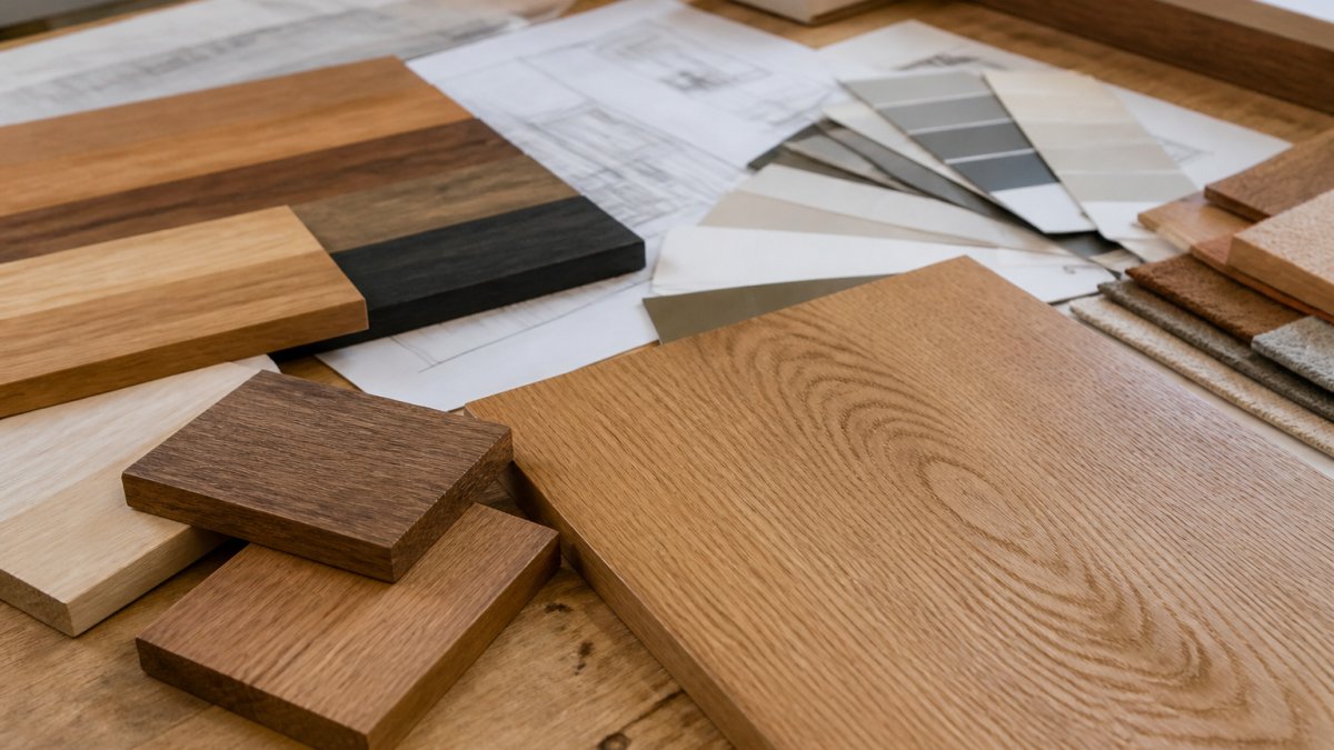 Close-up of solid oak wood grain and premium timber samples arranged on a work surface with design sketches and colour swatches