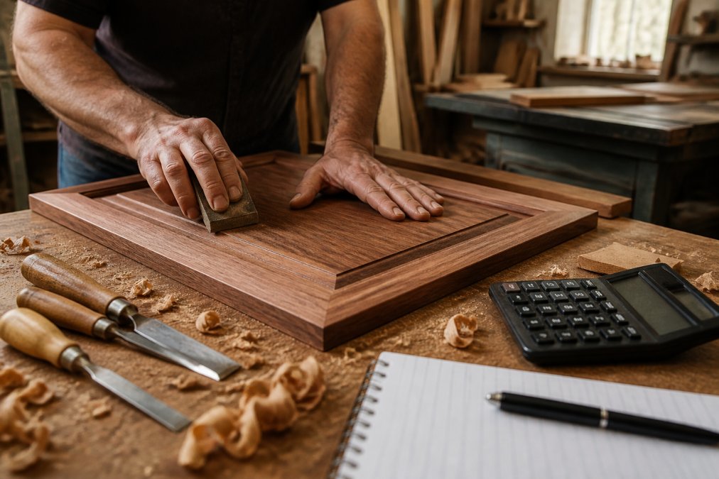 A craftsman's hands sanding a solid wood cabinet door in a woodworking shop, wood shavings and chisels visible on the workbench under warm workshop lighting