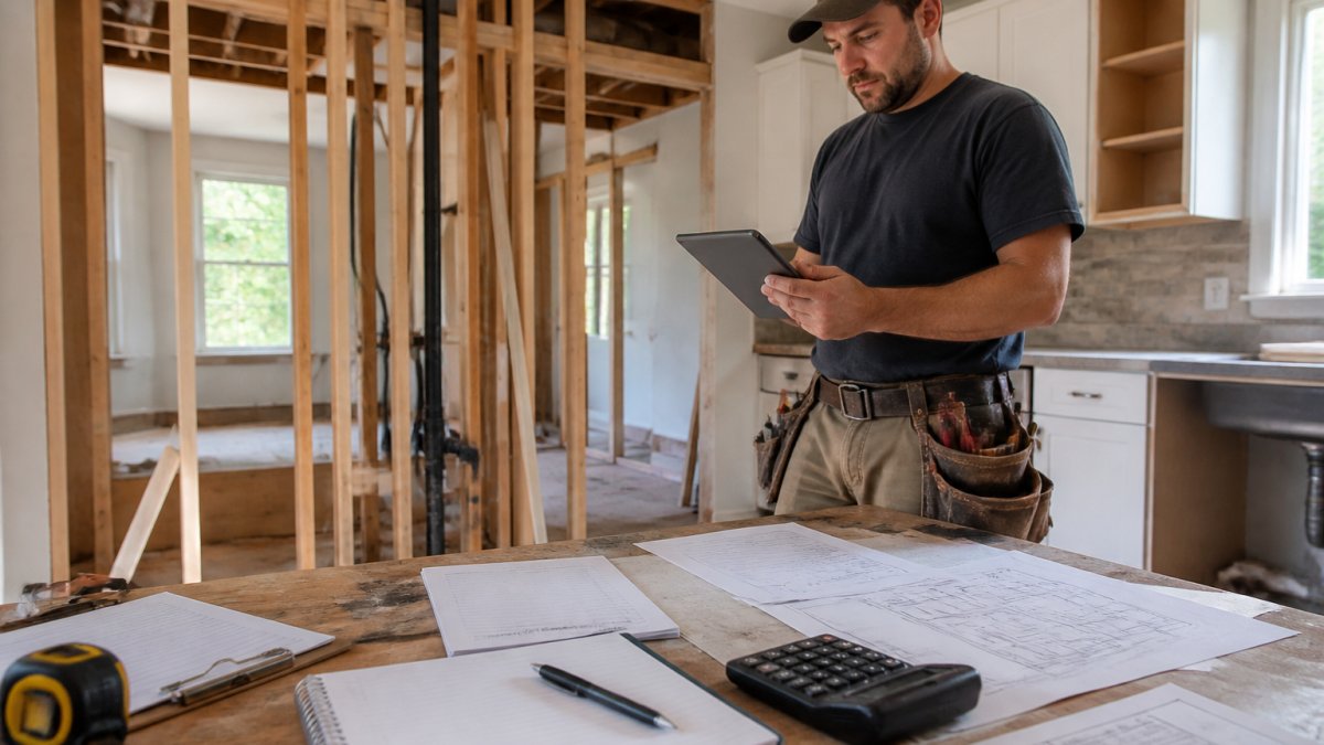 A contractor in work clothes reviewing kitchen plans on a tablet while standing in a kitchen mid-renovation, with exposed studs and a partially removed wall visible behind him
