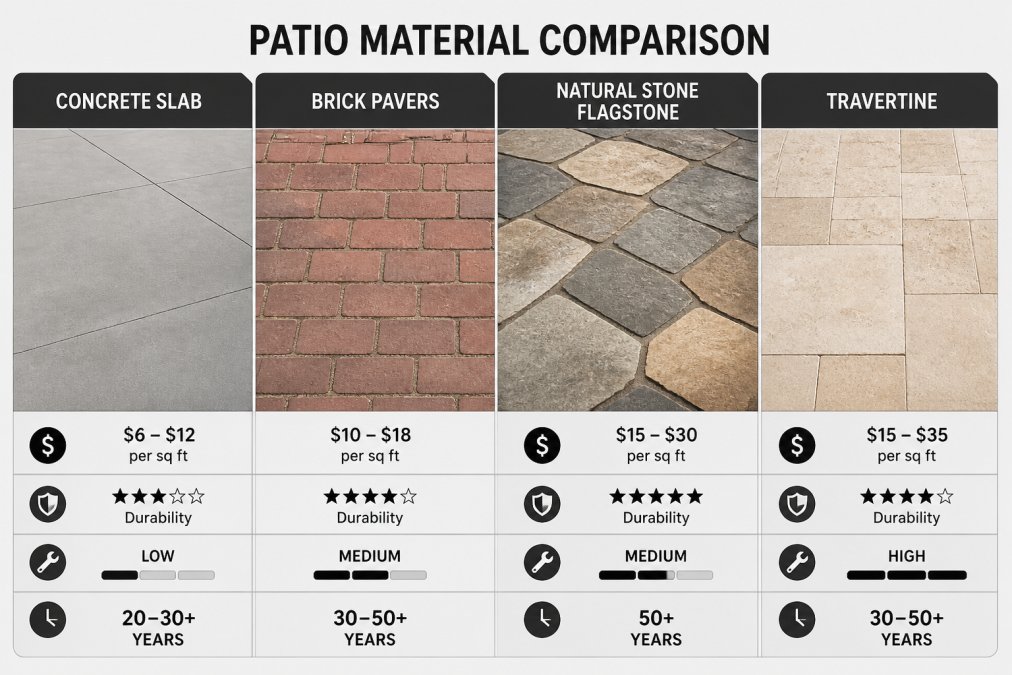 Close-up display of different patio materials arranged side by side showing texture and color: smooth concrete slab, red brick pavers in running-bond pattern, natural stone flagstone with irregular edges, and light-colored travertine, photographed in natural daylight