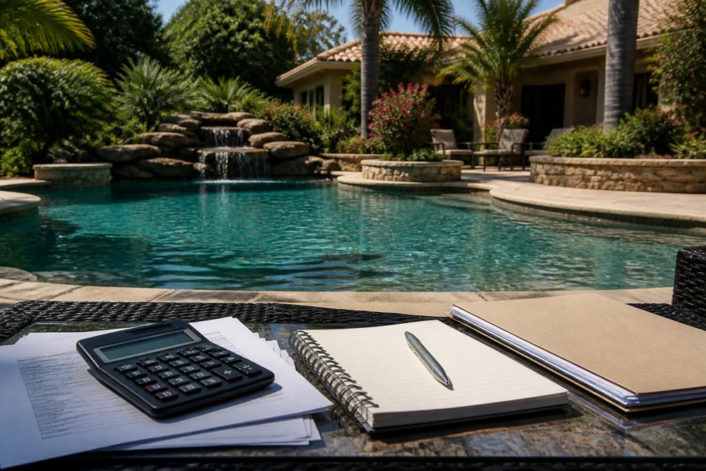 A finished resort-style backyard with a large custom gunite inground swimming pool surrounded by natural stone decking and tropical landscaping, photographed on a bright sunny afternoon with palm trees casting soft shadows across the water