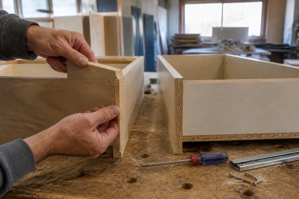 Cabinetmaker inspecting the layered plywood core of a cabinet box to compare custom vs stock cabinets quality