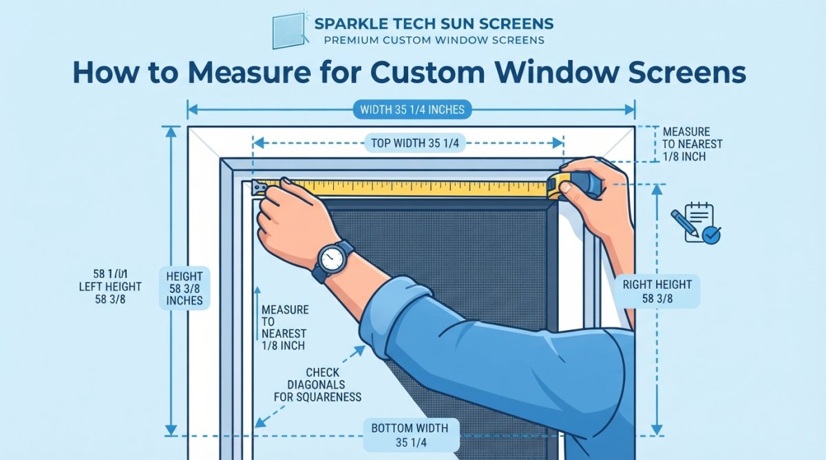 Close-up of a hand holding a metal tape measure against a window frame, measuring width at three different heights with sunlight streaming through the glass