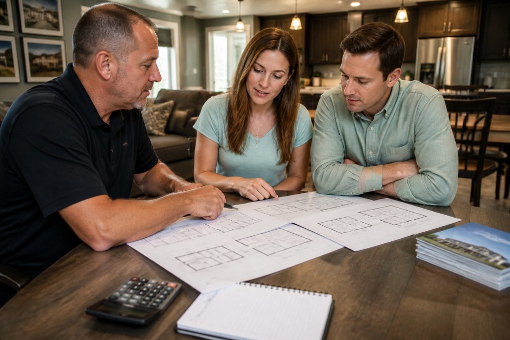 Consultant and couple reviewing floor plan options for customizing manufactured home layouts on a showroom table