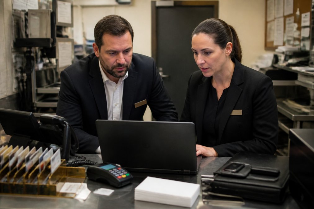 A hotel general manager and IT director reviewing security dashboards on a laptop in a back office, with hotel keycards and a POS terminal visible on the desk