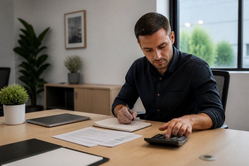 Small business owner reviewing a lease and calculator in a furnished dedicated office space.