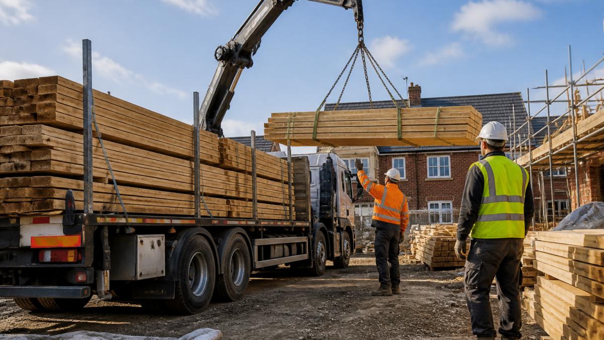 Large timber delivery truck unloading stacked timber materials at a residential building site, with workers guiding the delivery and crane equipment visible in the background under clear daylight