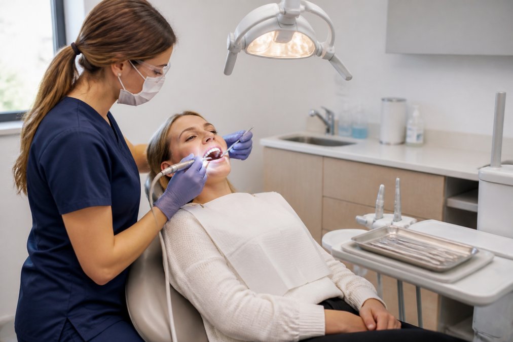 A dental hygienist in blue scrubs performing a professional teeth cleaning on a relaxed patient reclined in a modern dental chair, with a bright overhead dental light and clean clinical instruments arranged on a tray beside them