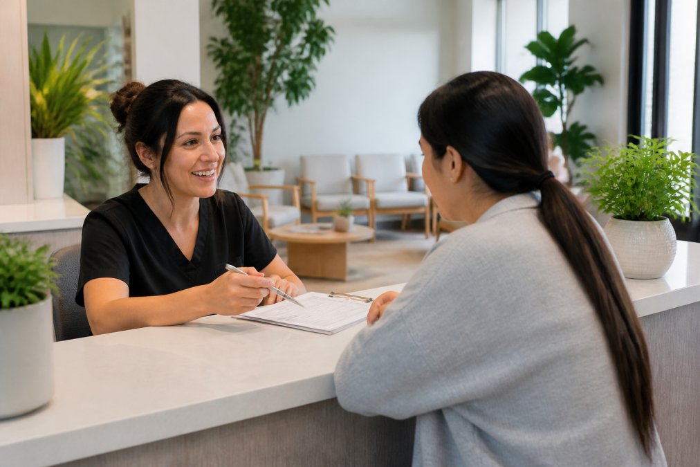 A friendly front-desk dental receptionist with a warm smile discussing paperwork with a patient across a clean, well-lit dental office reception counter with plants and a welcoming waiting area visible in the background