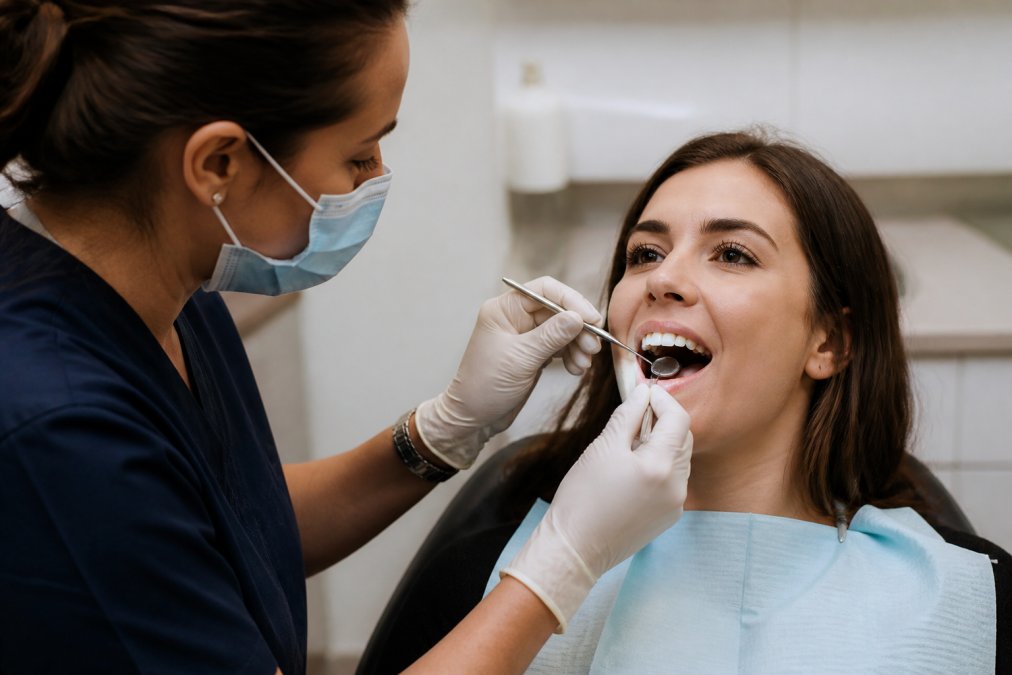 Professional dentist examining patient's teeth with dental mirror and probe in modern clinical setting with natural overhead lighting
