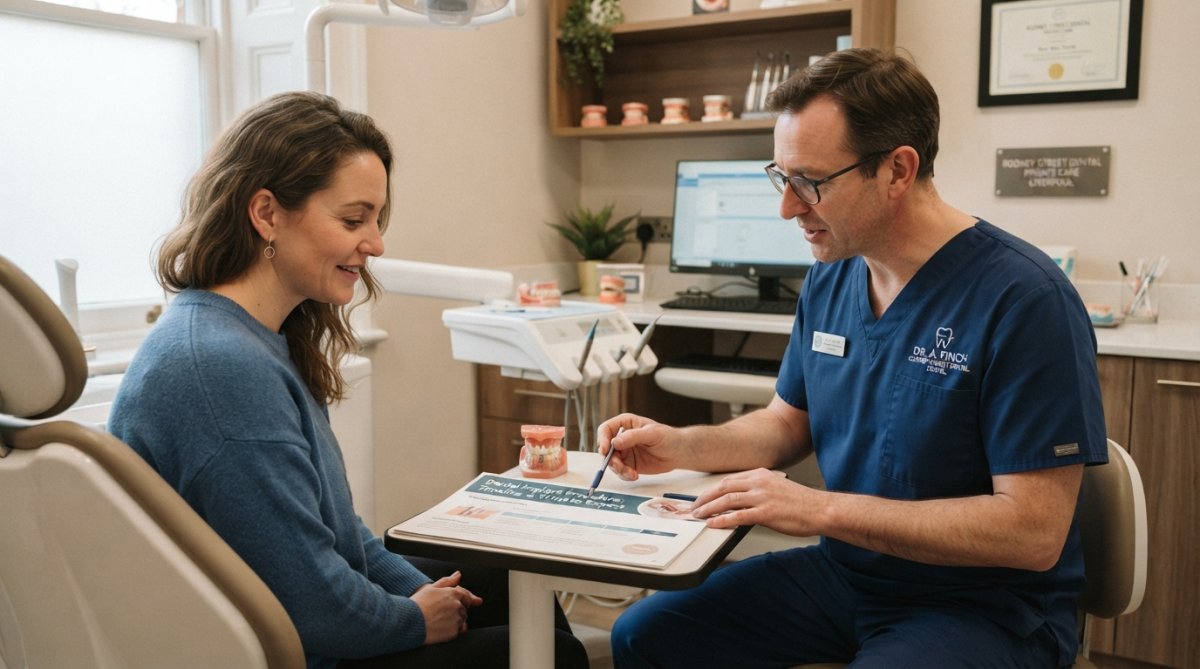 Dental professional in surgical attire discussing treatment options with a patient in a modern, welcoming dental surgery with soft lighting and contemporary design