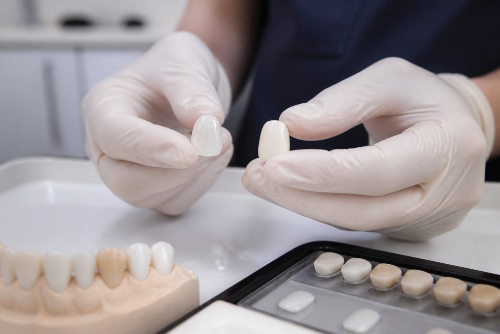 Close-up of a dentist's hands holding a thin porcelain veneer sample next to a composite resin sample on a dental tray in a modern, brightly lit clinic