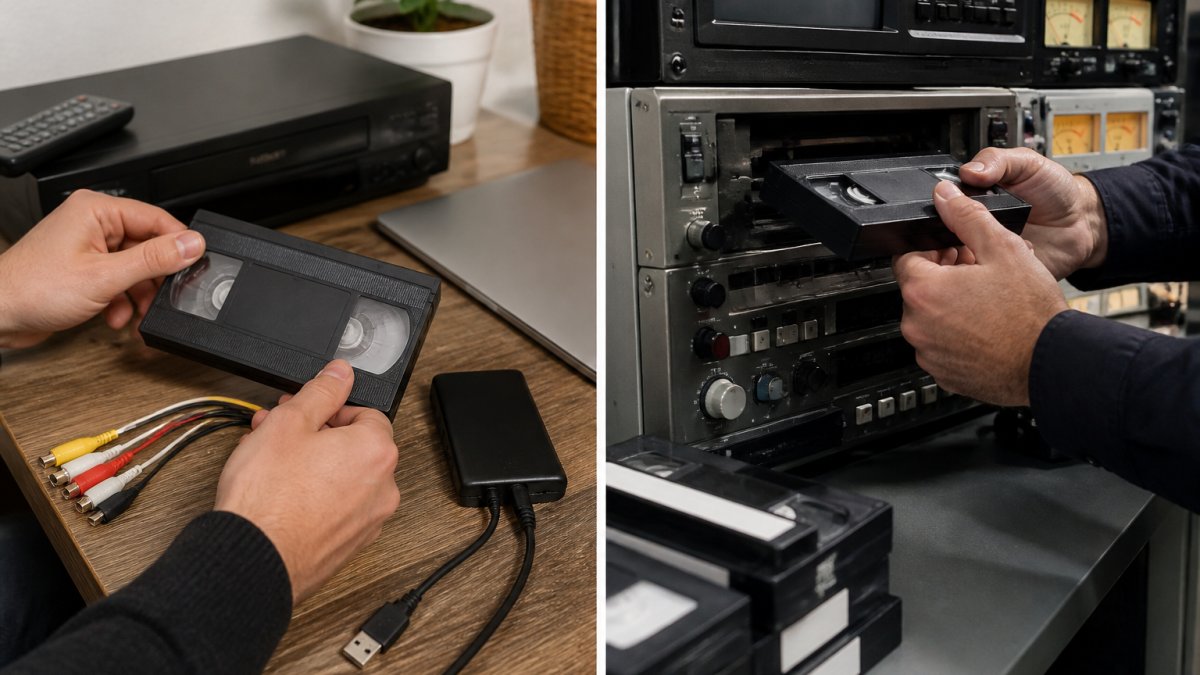 Hands carefully handling a vintage VHS tape near professional equipment to lower the cost of digitizing VHS tapes in