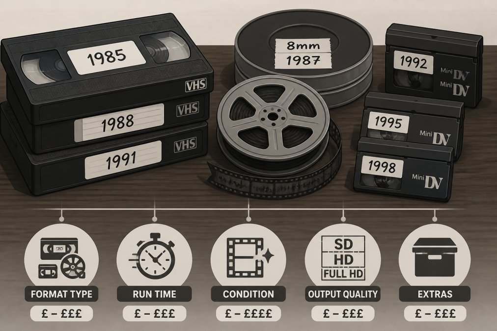 Close-up of a collection of old VHS tapes, 8mm film reels, and MiniDV cassettes arranged on a wooden table, with handwritten labels showing dates from the 1980s and 1990s in warm ambient lighting