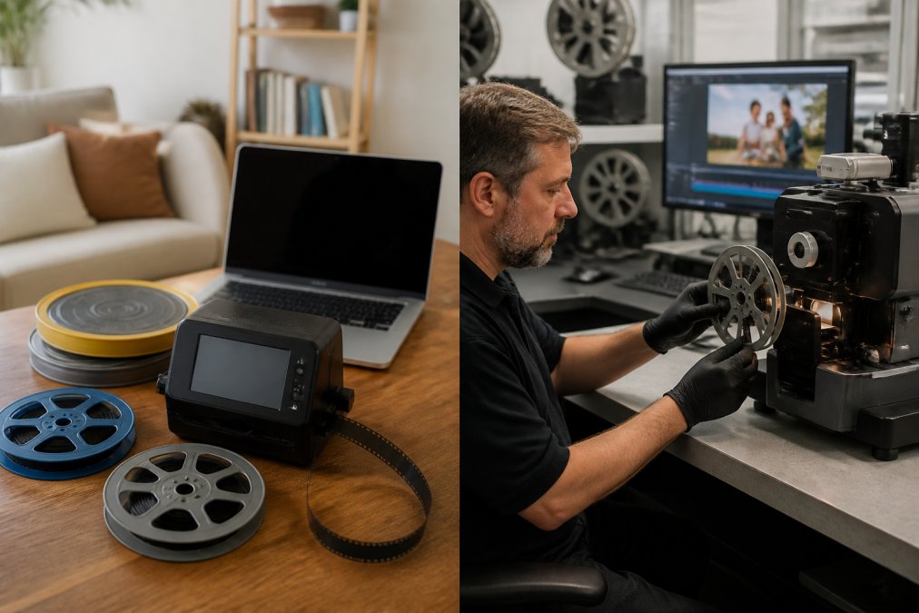 A technician in a professional media studio carefully handling an 8mm film reel next to professional-grade digitisation equipment, with a computer monitor displaying video capture software in the background under studio lighting