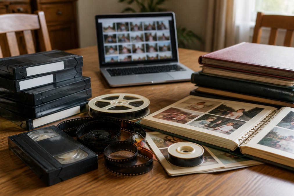 A neatly organised collection of VHS tapes, 8mm film reels, and photo albums spread across a wooden table, with a laptop showing a digital media library in the background