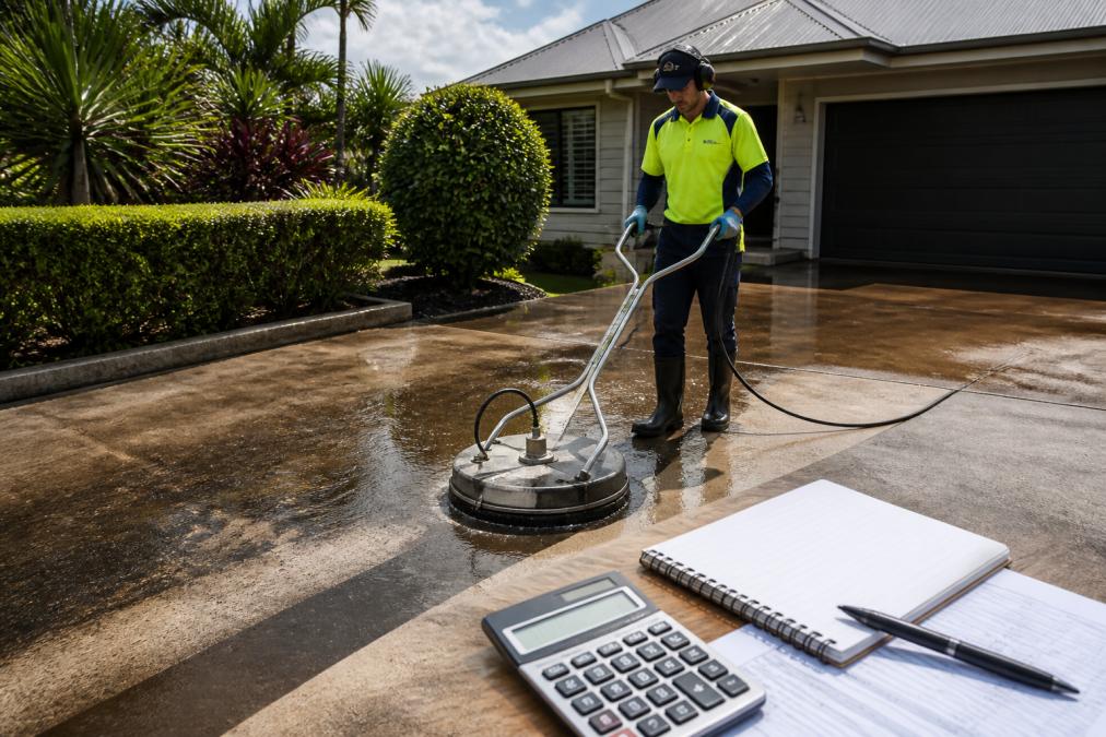 Technician in safety gear performing driveway pressure cleaning on a stained concrete surface at a home