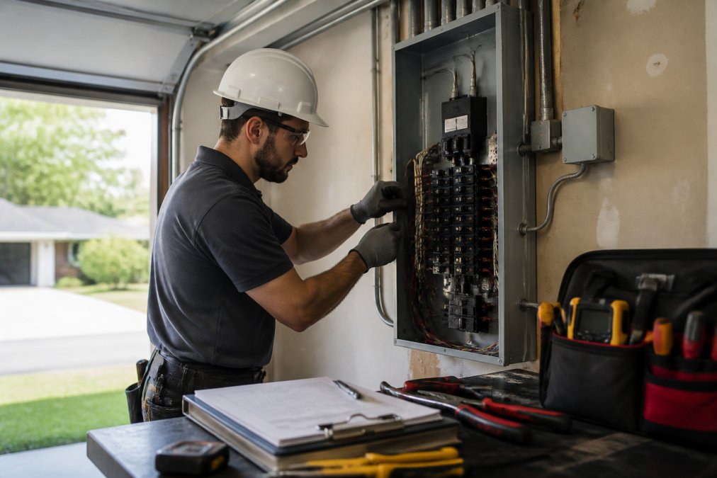A licensed electrician in safety gear working on an open residential electrical panel in a garage, with tools and a clipboard nearby, natural daylight
