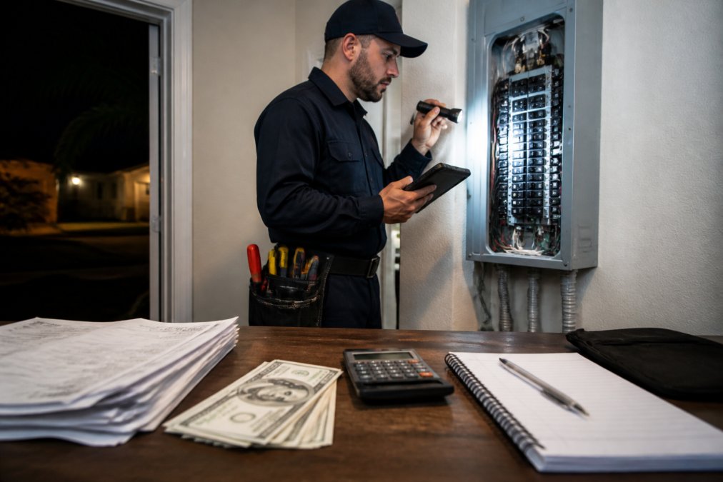 A licensed electrician in uniform reviewing a tablet beside an open residential electrical service panel, flashlight illuminating the breakers to suggest an after-hours service visit