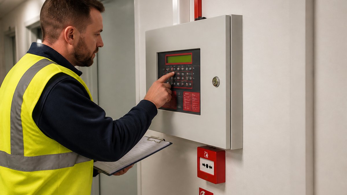 A fire technician in high-visibility gear inspecting a wall-mounted fire alarm panel in a commercial building corridor, clipboard in hand