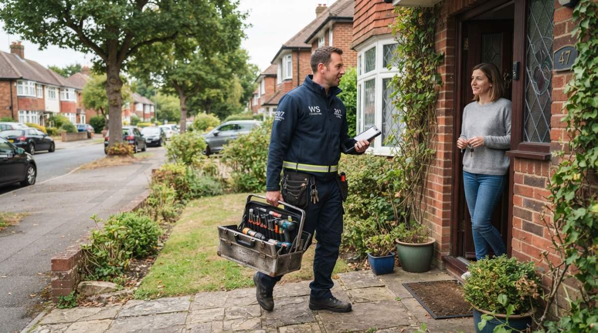 Professional locksmith arriving at residential property with full toolkit and professional equipment, demonstrating emergency response service