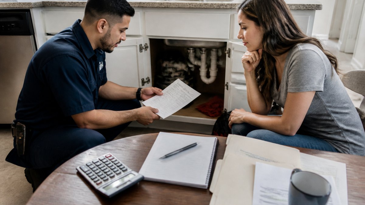 A licensed plumber in uniform kneeling beside a kitchen sink cabinet, reviewing a printed written quote with a homeowner in a bright home kitchen