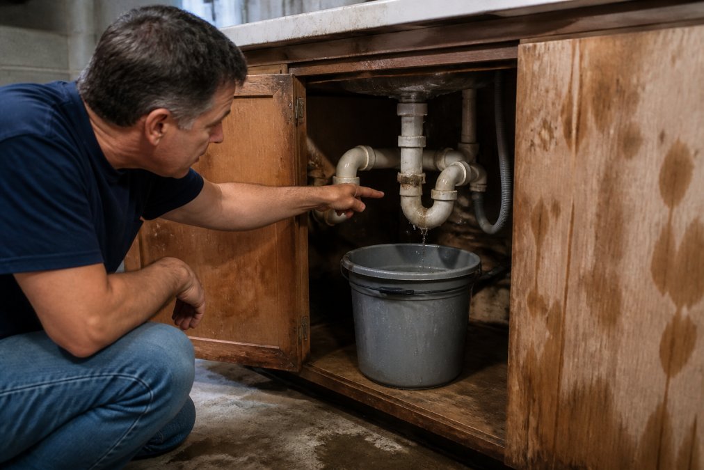 Homeowner pointing to a burst pipe under a sink with water dripping into a bucket, showing visible water damage on wooden cabinetry in dim basement lighting