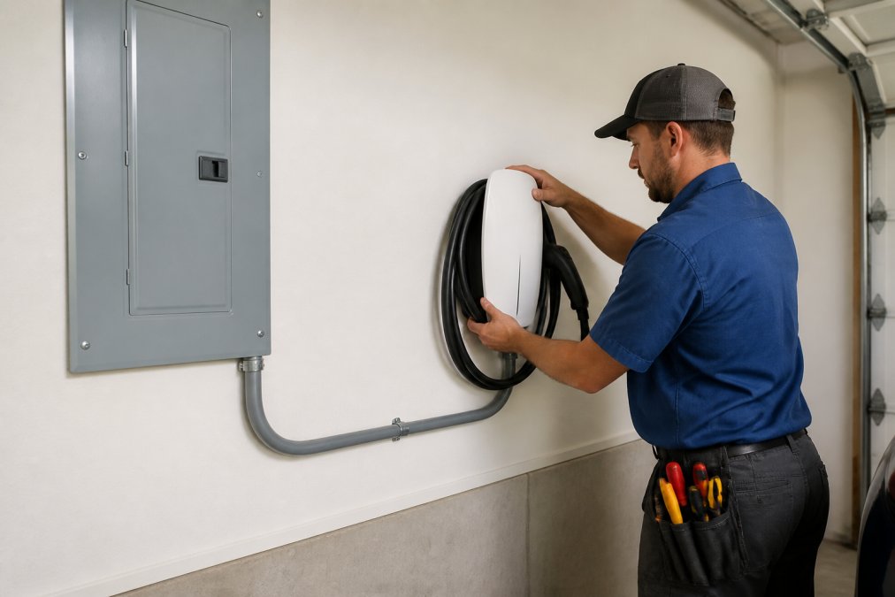 A licensed electrician in a blue work shirt installing a white Level 2 EV charger on a painted garage wall, with visible gray conduit running to a residential electrical panel mounted nearby, under bright overhead lighting