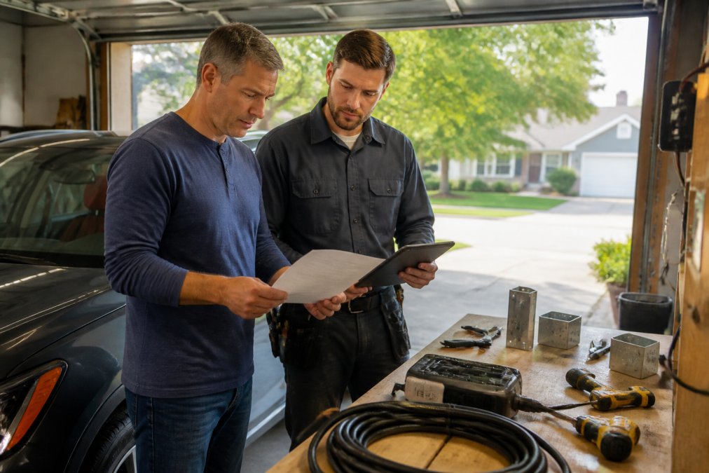 A homeowner in casual clothing and a licensed electrician in a work shirt reviewing printed paperwork and a tablet together in a residential garage, standing near a car, with natural daylight coming through the open garage door