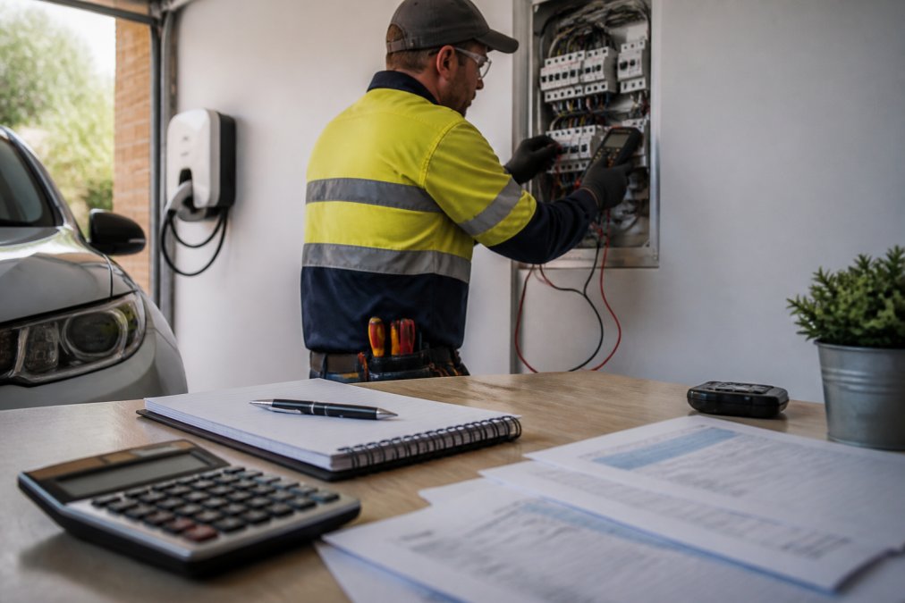 A licensed electrician in safety gear working on an open residential switchboard, with tools and a multimeter visible, in a clean garage setting