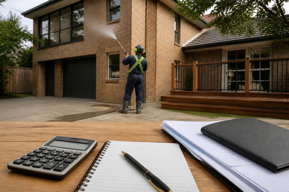 A professional cleaner in safety gear using a soft wash wand on a two-storey brick home, with a concrete driveway and timber deck visible in the foreground