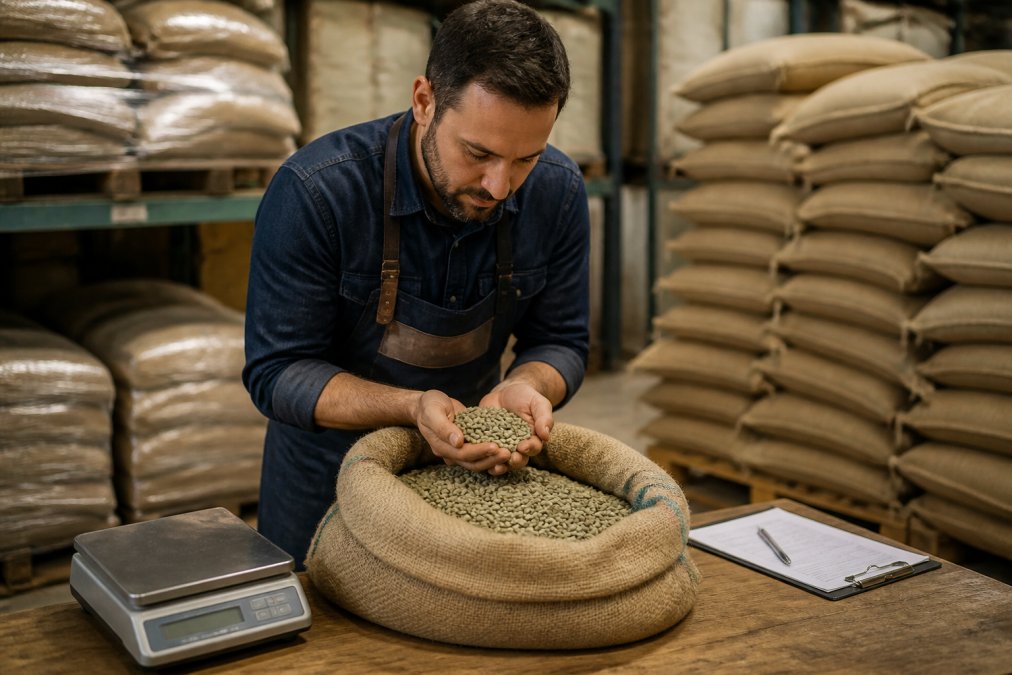 A roaster in a small warehouse inspecting a burlap sack of green coffee beans, with a digital scale and clipboard on a wooden table nearby