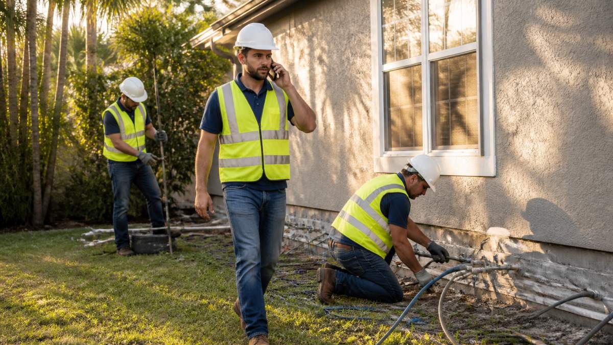 Foundation repair crew using injection equipment to stabilize a residential home foundation wall
