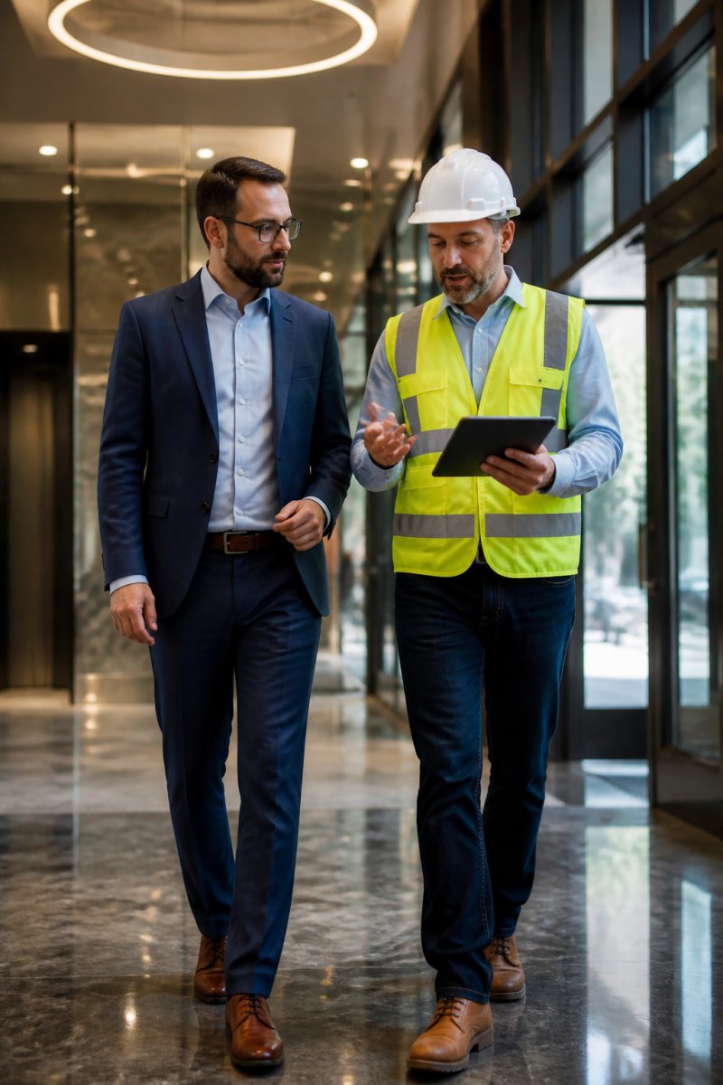 Fractional facilities director reviewing a tablet with a colleague in a modern commercial office lobby