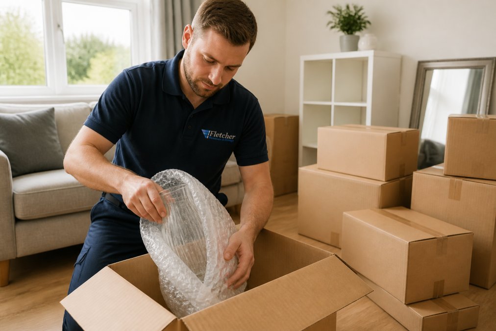 A uniformed professional packer carefully wrapping a glass vase in bubble wrap and placing it into a cardboard box in a bright living room, with labelled boxes stacked neatly nearby