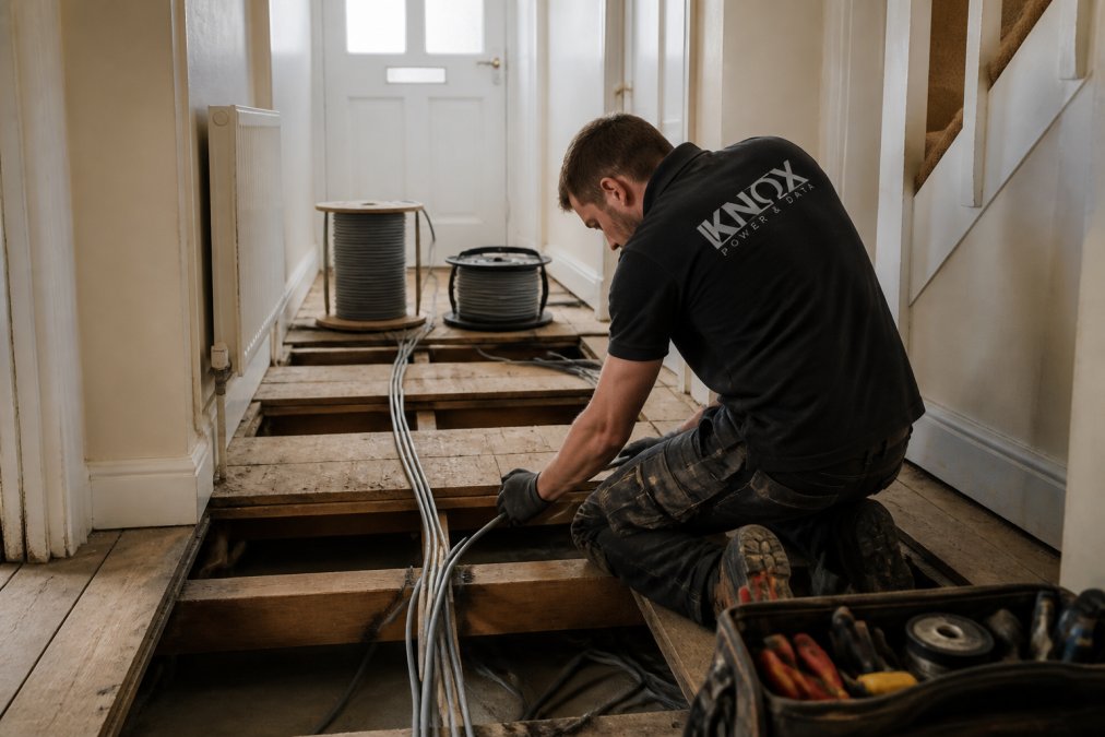 An electrician in work clothes running new cable through exposed floorboards in a residential hallway, with tools and cable drums nearby