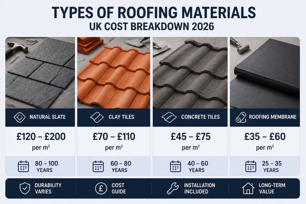 Close-up comparison of different roofing material samples including natural slate tiles, clay tiles, concrete tiles, and modern roofing membrane laid out side by side on a work surface