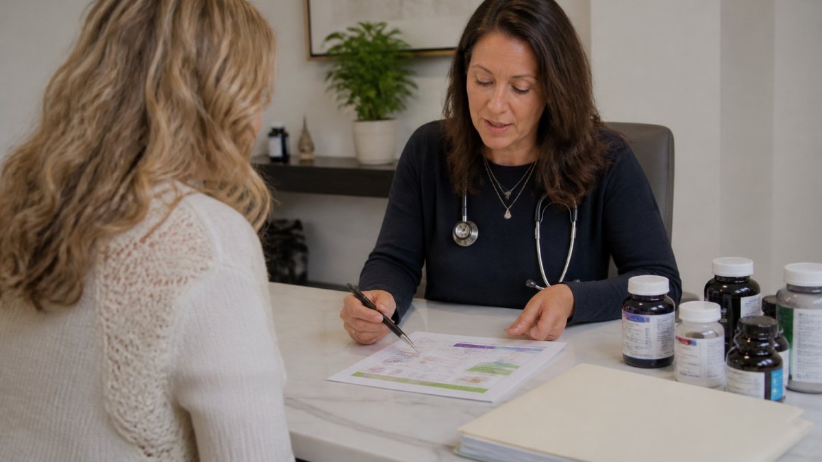 Healthcare provider conducting detailed patient consultation in calm, modern clinic with medical assessment materials and wellness planning documents visible on desk