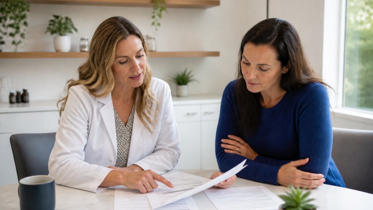 Healthcare provider and patient reviewing personalized treatment plan documents together in bright, modern clinical office setting with natural lighting