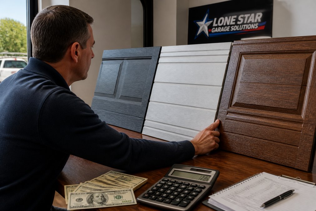 Close-up of a homeowner examining different garage door material samples, including steel, aluminum, and wood composite panels side by side in natural daylight