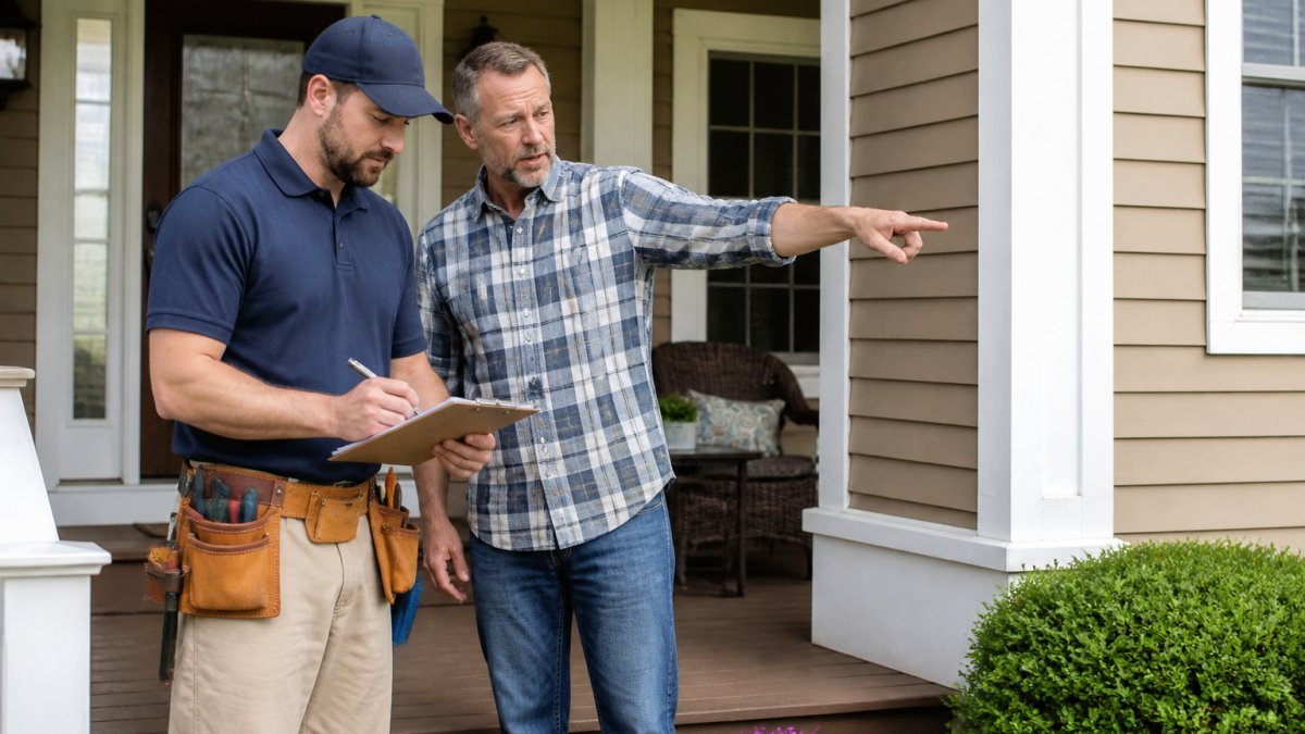 Handyman in work clothes discussing repair needs with a homeowner on a porch to provide handyman services.