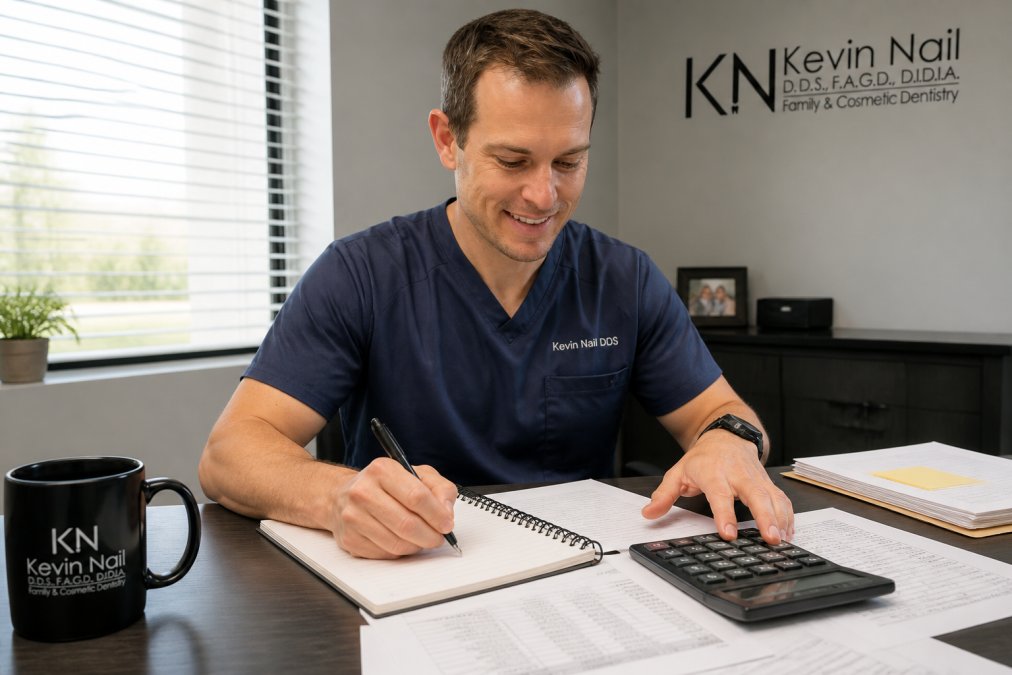 A close-up of a dentist's gloved hands holding a shade guide next to a patient's teeth, with a dental laboratory tray of porcelain veneers visible in the background