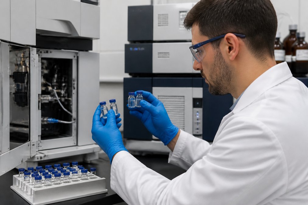 Laboratory technician in white coat examining multiple peptide vials under bright analytical equipment lighting, with HPLC and mass spectrometry instruments visible in background
