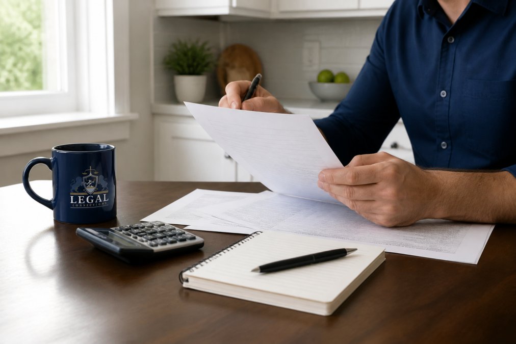 A person reviewing legal documents and a calculator at a kitchen table, with a notepad and pen nearby, natural light from a window
